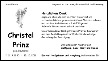 Traueranzeige von Christel Prinz von HNA