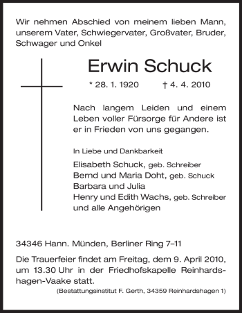 Traueranzeige von Erwin Schuck von HNA