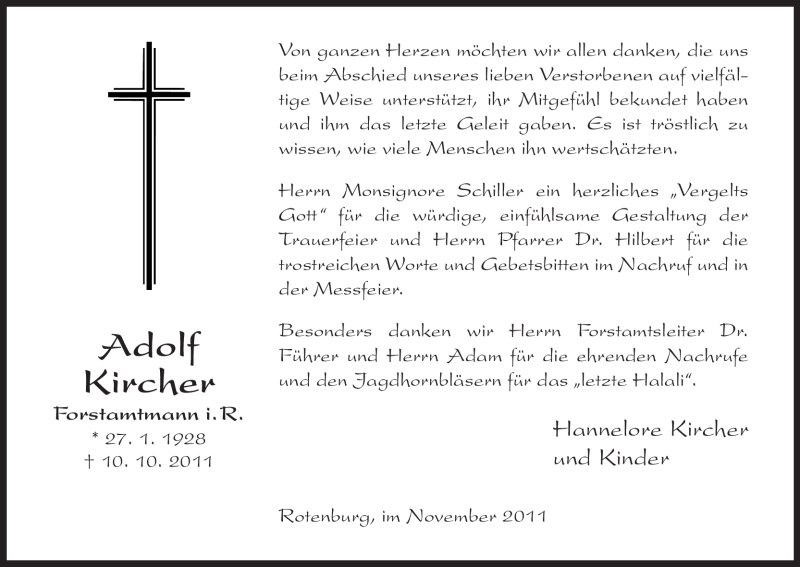  Traueranzeige für Adolf Kircher vom 12.11.2011 aus HNA