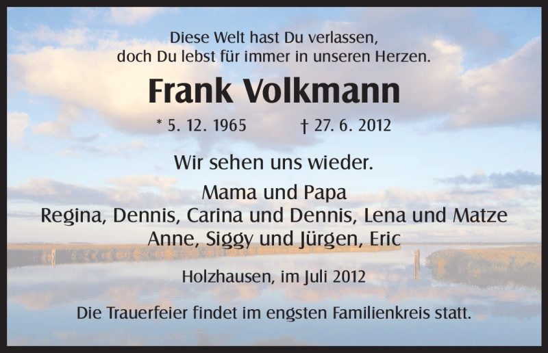  Traueranzeige für Frank Volkmann vom 14.07.2012 aus HNA