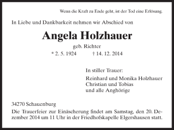 Traueranzeige von Angela Holzhauer von HNA