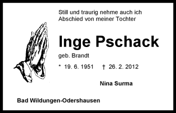 Traueranzeige von Inge Pschack von HNA