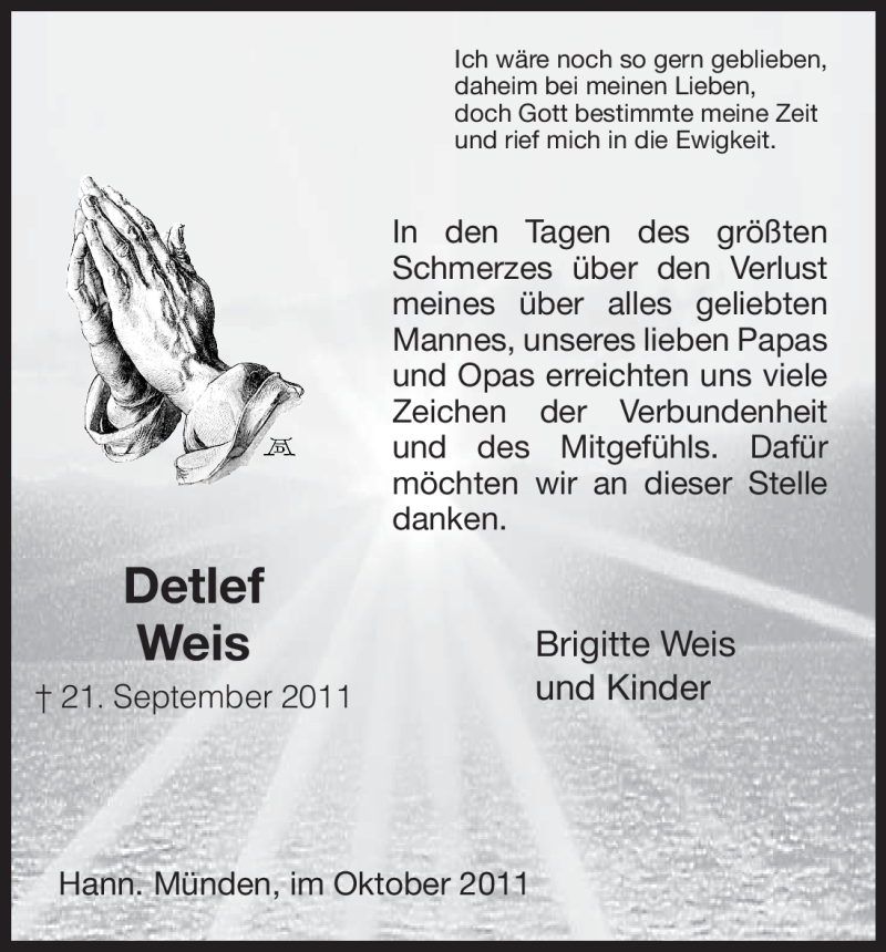  Traueranzeige für Detlef Weis vom 15.10.2011 aus HNA