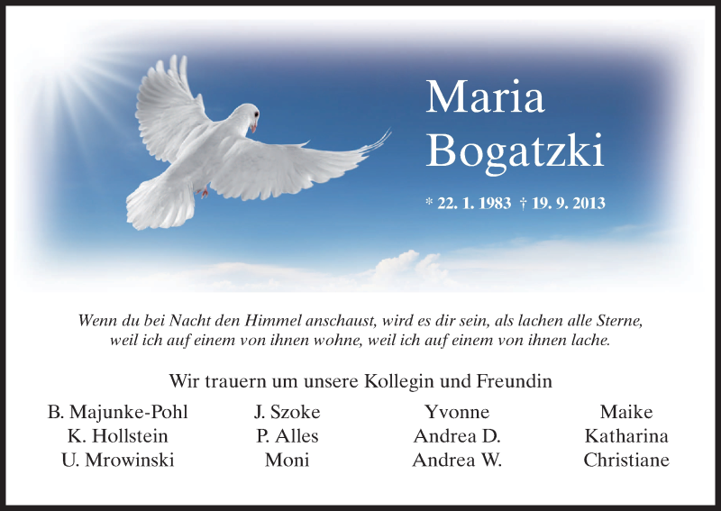  Traueranzeige für Maria  Bogatzki vom 25.09.2013 aus HNA