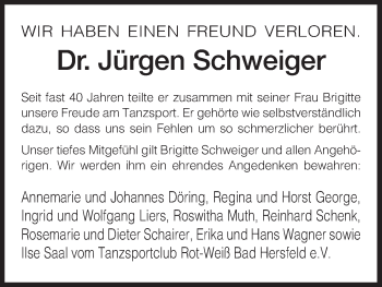 Traueranzeige von Jürgen Schweiger von HNA