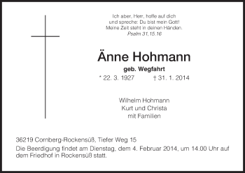 Traueranzeige von Anne Hohmann von HNA