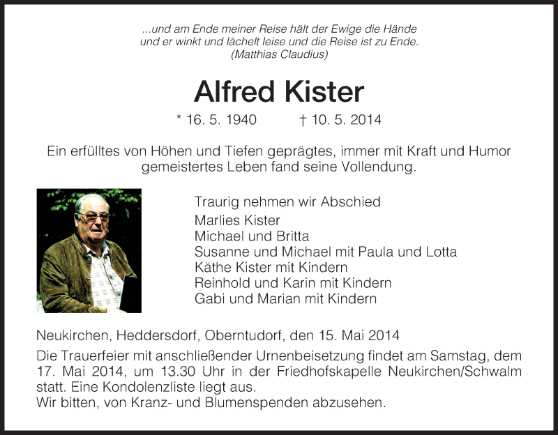  Traueranzeige für Alfred Kister vom 15.05.2014 aus HNA