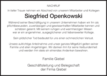 Traueranzeige von Siegfried Openkowski von HNA