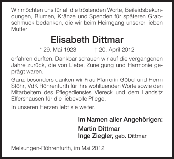 Traueranzeige von Elisabeth Dittmar von HNA
