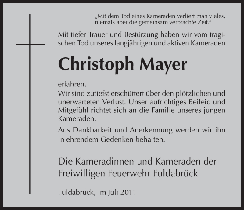  Traueranzeige für Christoph Mayer vom 08.07.2011 aus HNA