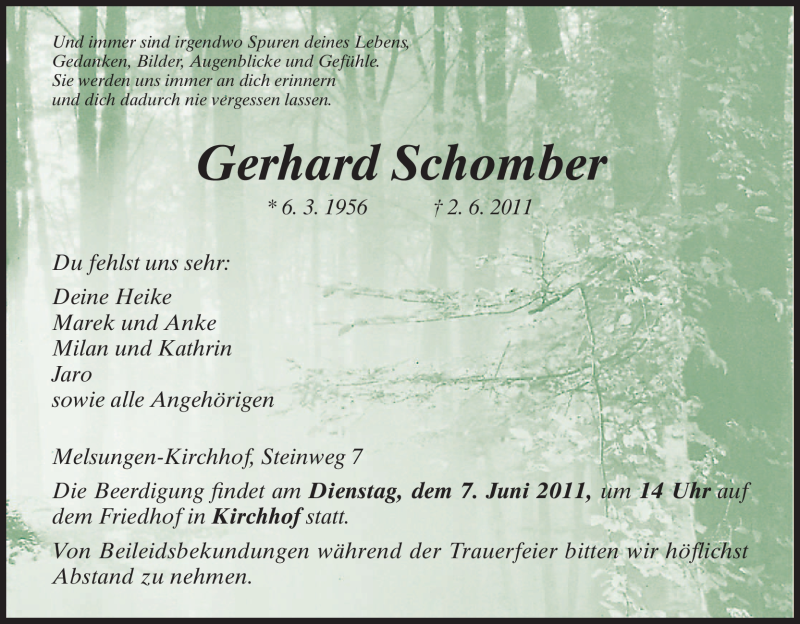  Traueranzeige für Gerhard Schomber vom 06.06.2011 aus HNA