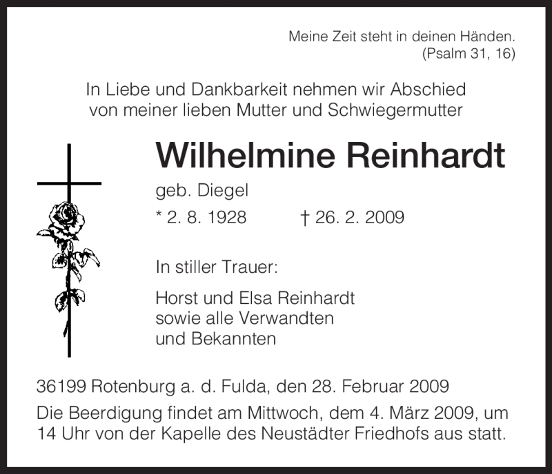  Traueranzeige für Wilhelmine Reinhardt vom 28.02.2009 aus HNA