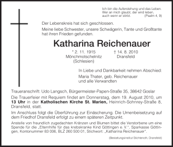 Traueranzeige von Katharina Reichenauer von HNA