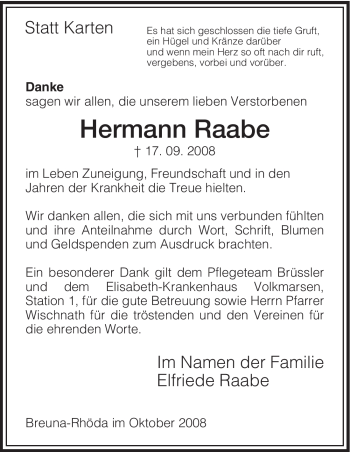 Traueranzeige von Hermann Raabe von HNA