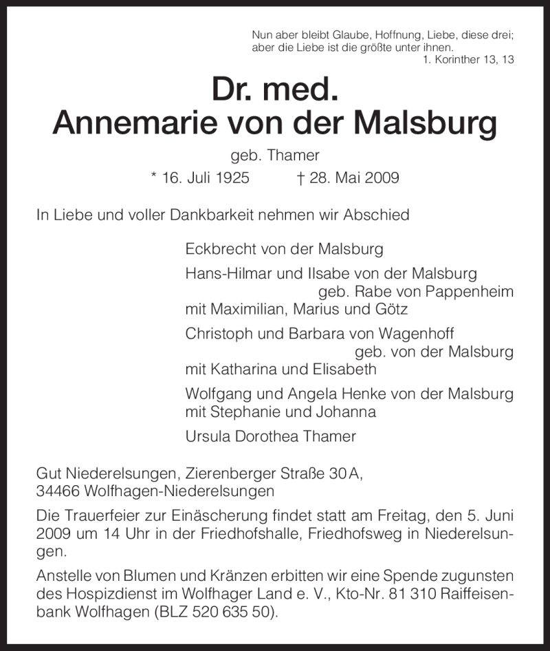  Traueranzeige für Annemarie von der Malsburg vom 02.06.2009 aus HNA
