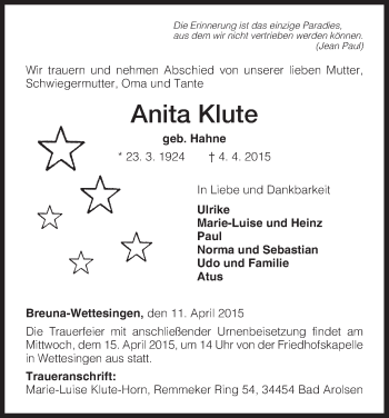 Traueranzeige von Anita Klute von HNA