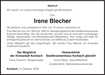 Traueranzeige von Irene Blecher von HNA