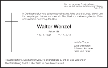 Traueranzeige von Walter Wenzel von HNA