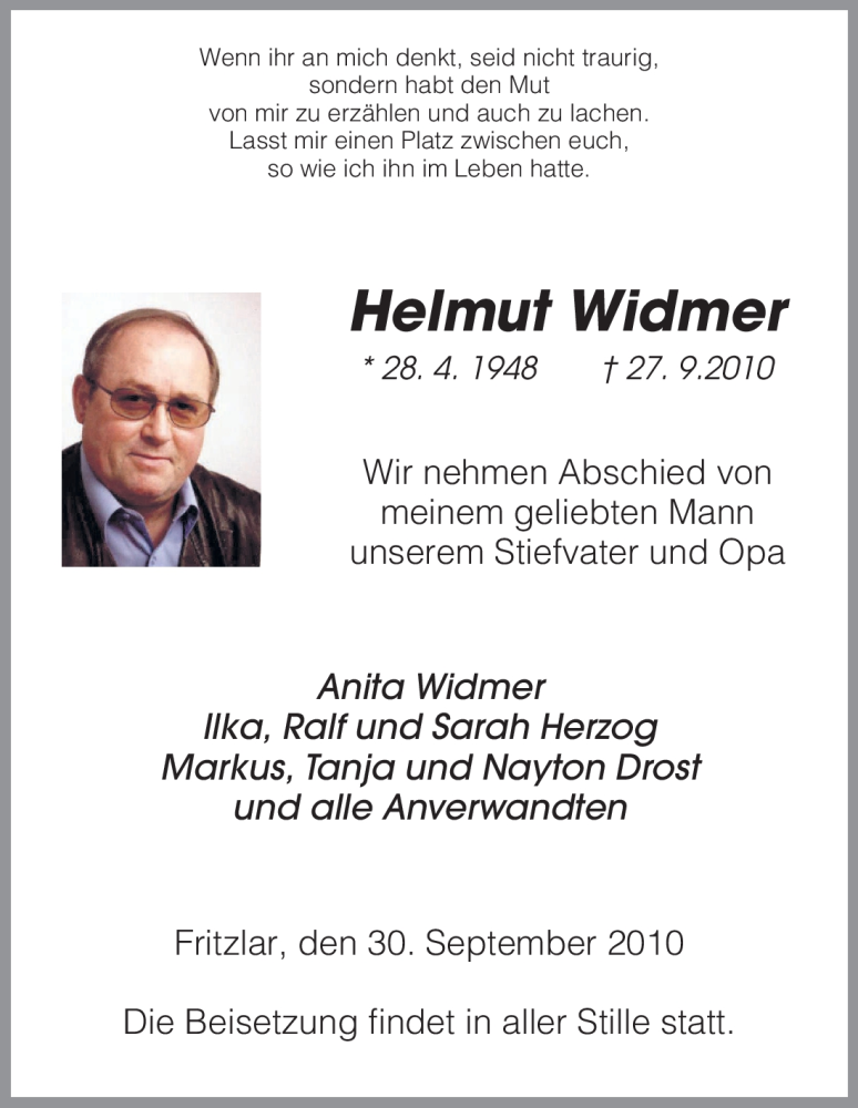  Traueranzeige für Helmut Widmer vom 30.09.2010 aus HNA