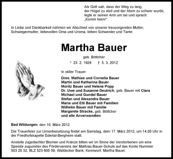 Traueranzeige von Martha Bauer von HNA