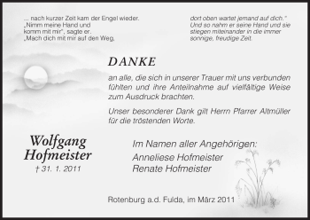 Traueranzeige von Wolfgang Hofmeister von HNA