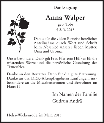Traueranzeige von Anna Walper von HNA