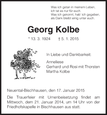 Traueranzeige von Georg Kolbe von HNA