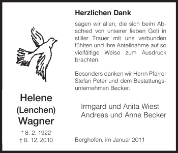 Traueranzeige von Helene Wagner von HNA