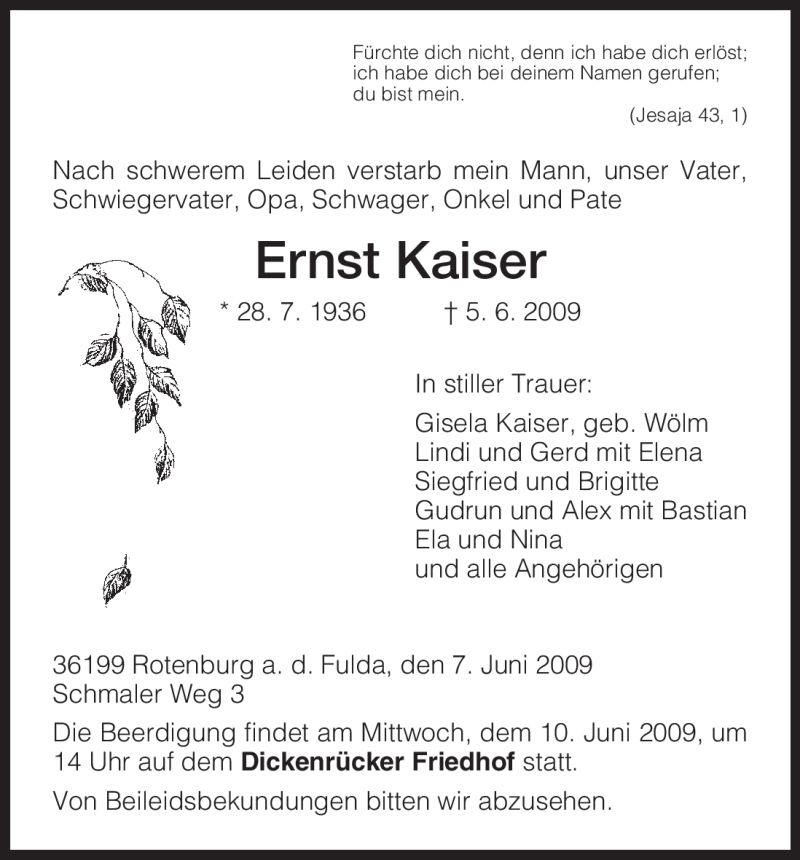  Traueranzeige für Ernst Kaiser vom 08.06.2009 aus HNA