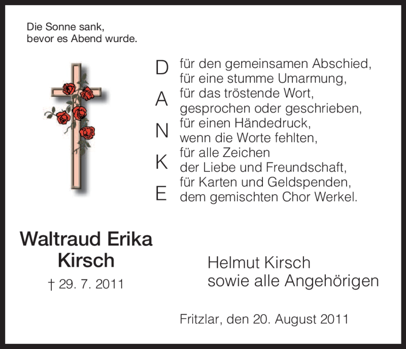  Traueranzeige für Waltraud Erika Kirsch vom 20.08.2011 aus HNA