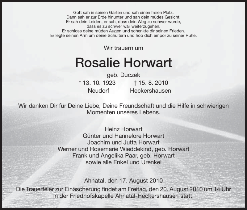  Traueranzeige für Rosalie Horwart vom 17.08.2010 aus HNA