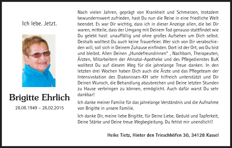  Traueranzeige für Brigitte Ehrlich vom 02.03.2015 aus HNA