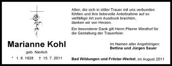 Traueranzeige von Marianne Kohl von HNA