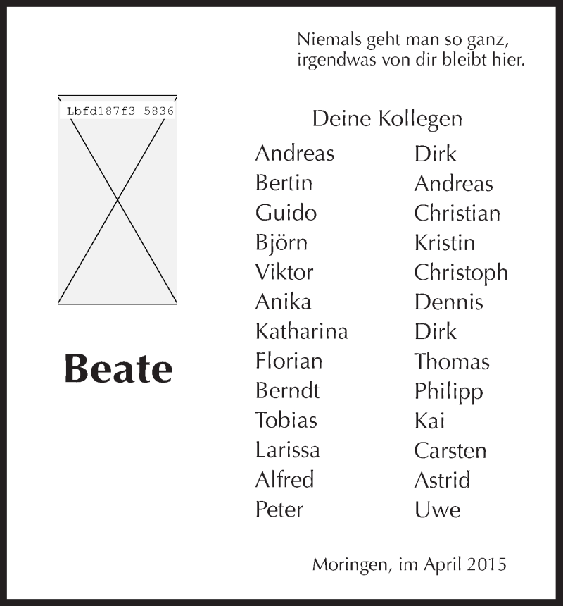  Traueranzeige für Beate  vom 23.04.2015 aus HNA