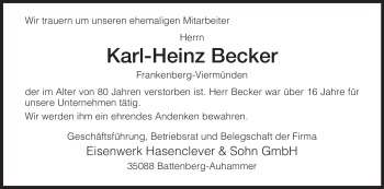 Traueranzeige von Karl-Heinz Becker von HNA