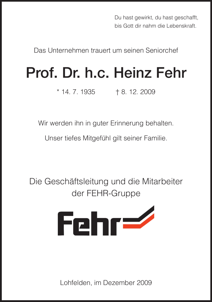  Traueranzeige für Heinz Fehr vom 11.12.2009 aus HNA