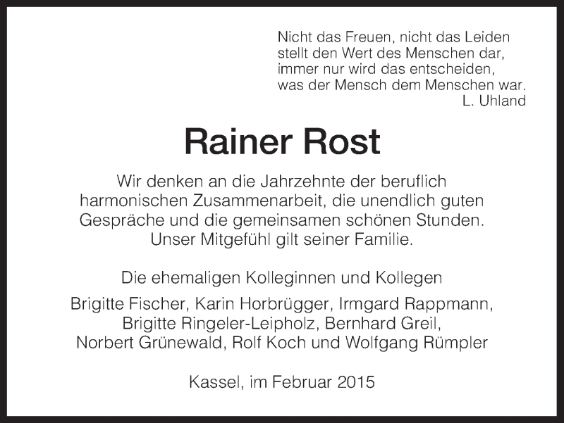  Traueranzeige für Rainer Rost vom 18.02.2015 aus HNA