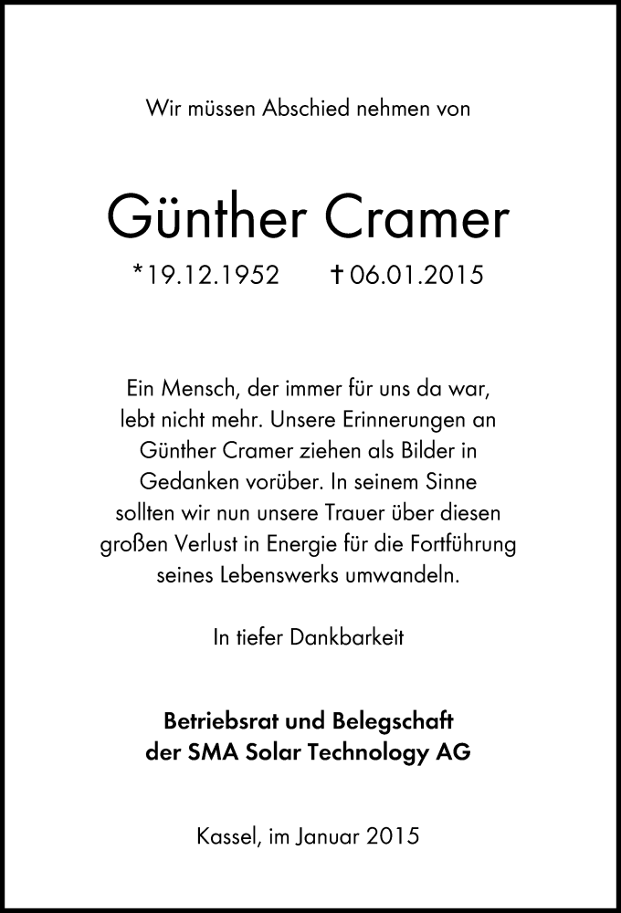  Traueranzeige für Günther Cramer vom 14.01.2015 aus HNA