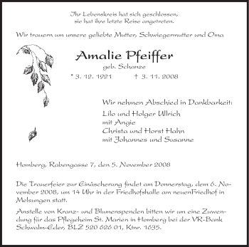 Traueranzeige von Amalie Pfeiffer von HNA