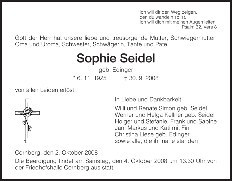  Traueranzeige für Sophie Seidel vom 02.10.2008 aus HNA