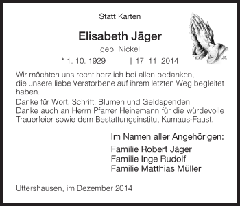 Traueranzeige von Elisabeth Jäger von HNA