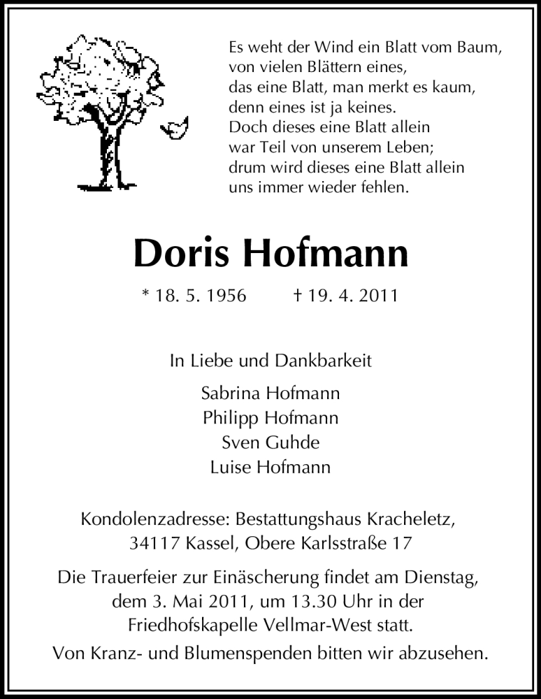  Traueranzeige für Doris Hofmann vom 29.04.2011 aus HNA