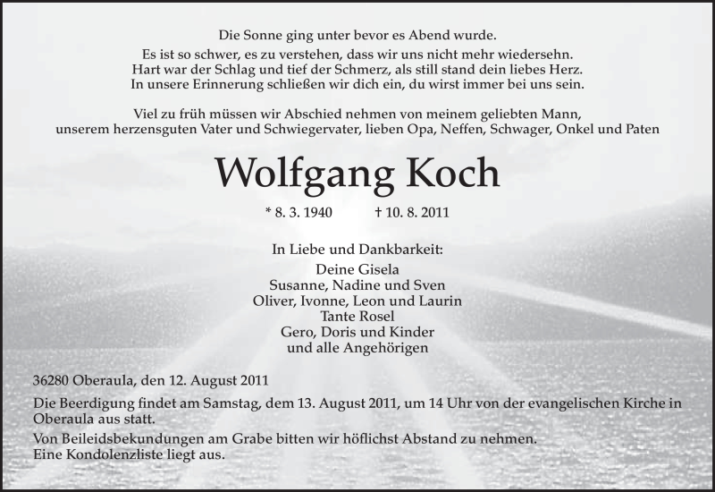  Traueranzeige für Wolfgang Koch vom 12.08.2011 aus HNA