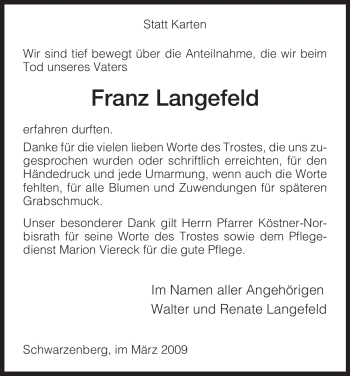 Traueranzeige von Franz Langefeld von HNA