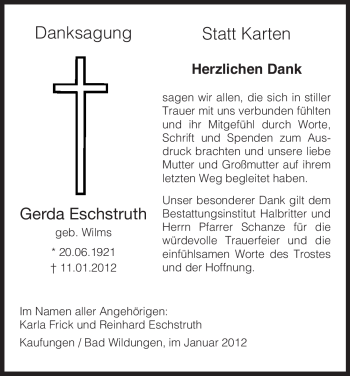 Traueranzeige von Gerda Eschstruth von HNA