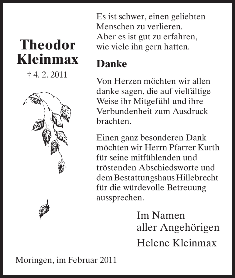  Traueranzeige für Theodor Kleinmax vom 26.02.2011 aus HNA