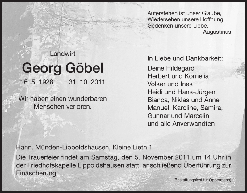  Traueranzeige für Georg Göbel vom 02.11.2011 aus HNA