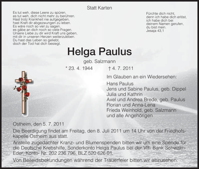  Traueranzeige für Helga Paulus vom 06.07.2011 aus HNA