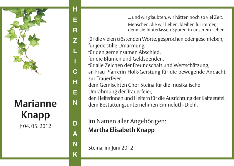  Traueranzeige für Marianne Knapp vom 16.06.2012 aus HNA