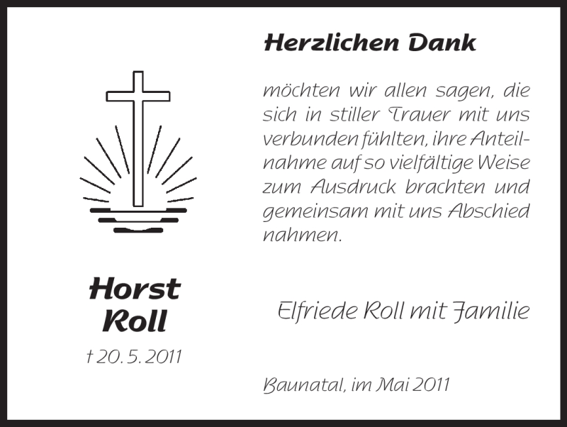  Traueranzeige für Horst Roll vom 28.05.2011 aus HNA